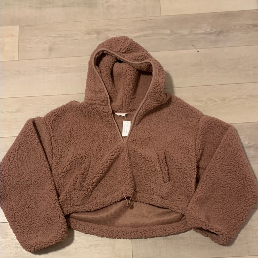 Aeropostale Brown Hooded, Cropped, Half-Zip Teddy Jacket